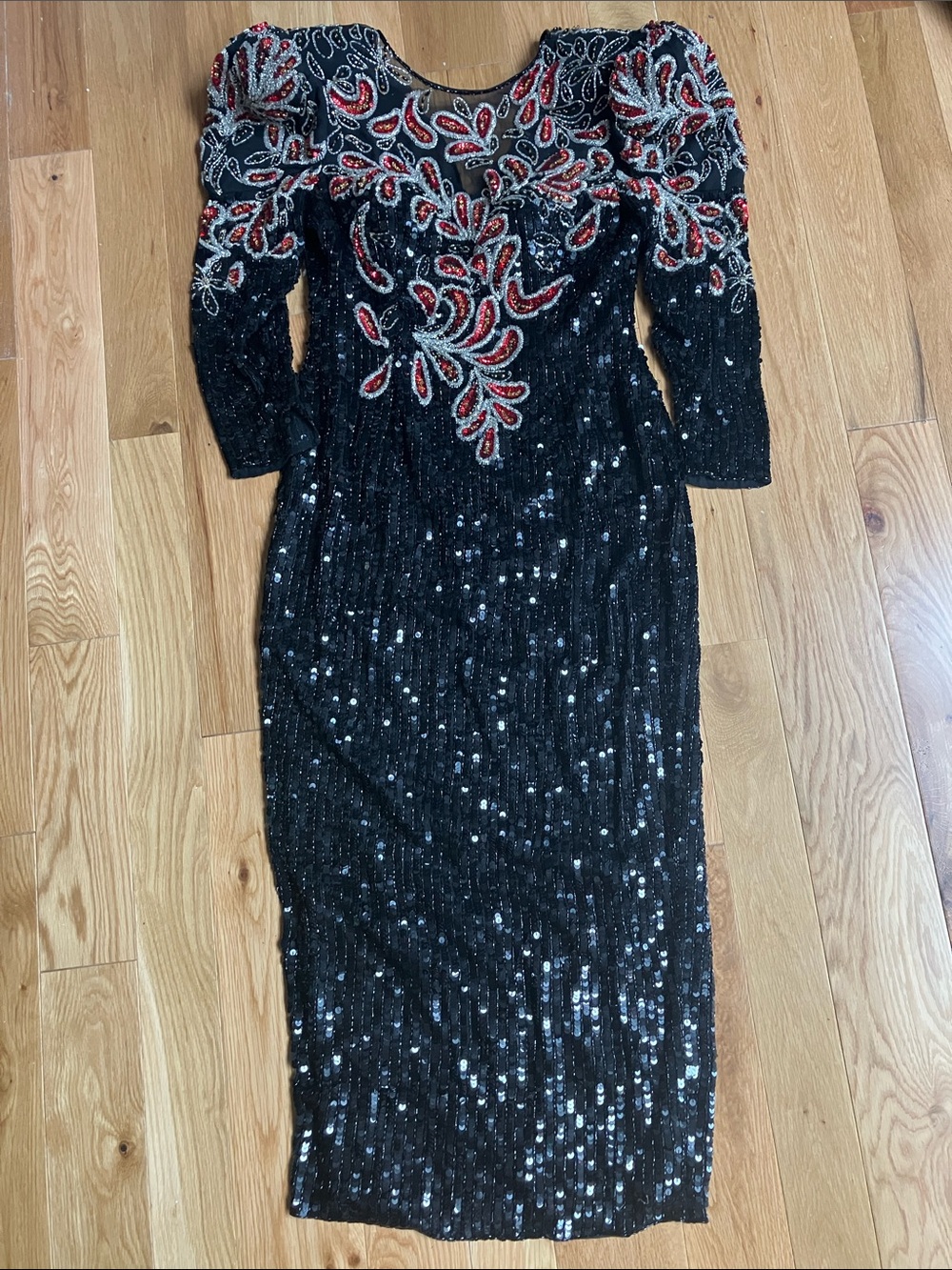 Vintage Long-Sleeve Sequin Midi Dress